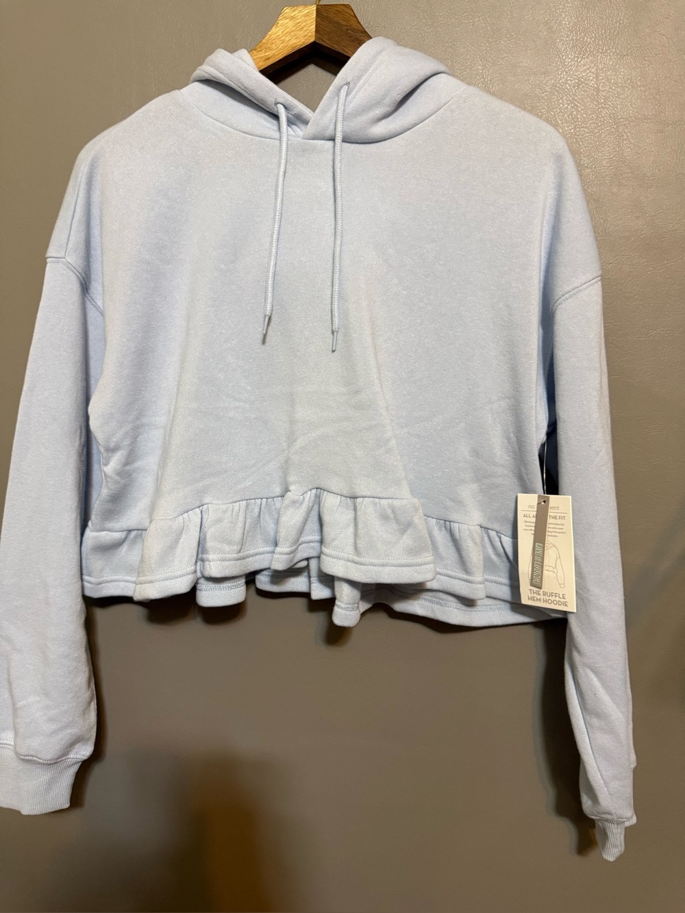 No Comment Women's Light Blue Ruffle-Hem Hoodie Sweatshirt Sz M